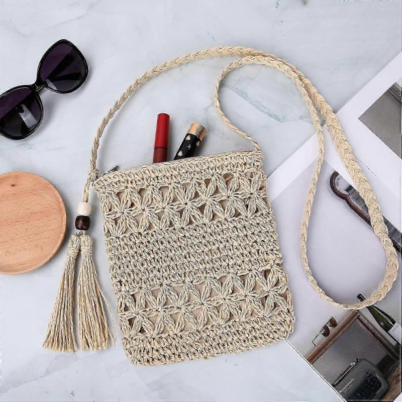 Straw Bag for Women, Summer Beach Straw Bag with Tassel, Weave Handmade Single Crossbody Bag with Zipper
