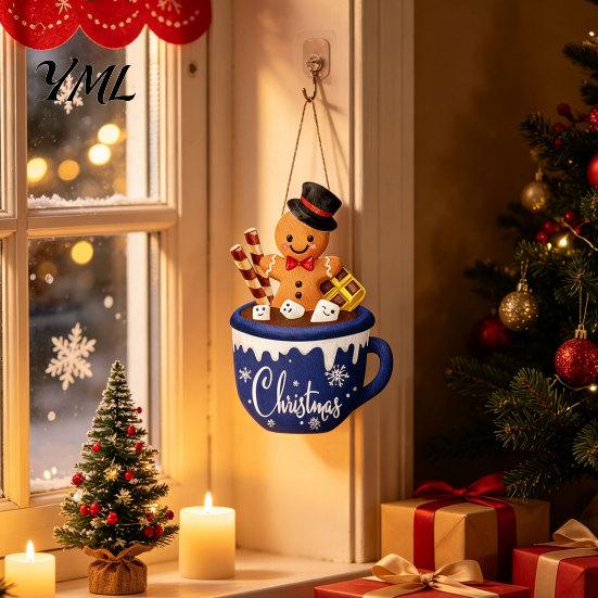 Christmas Party Theme Decor Wooden Hanging Sign, Cute Gingerbread Man Hot Cocoa Mug Welcome Door Rustic Holiday Sign Hanger for Indoor Outdoor