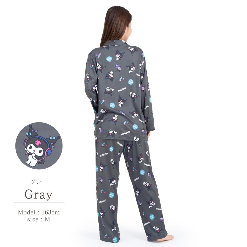 Kuromi Shirt Powder Long Long Top and Bottom Room MUSIC Kuromi [SAZAC] Pajamas, Stretch, Women's, Sleeves, Pants, Set, Wear, Loungewear,