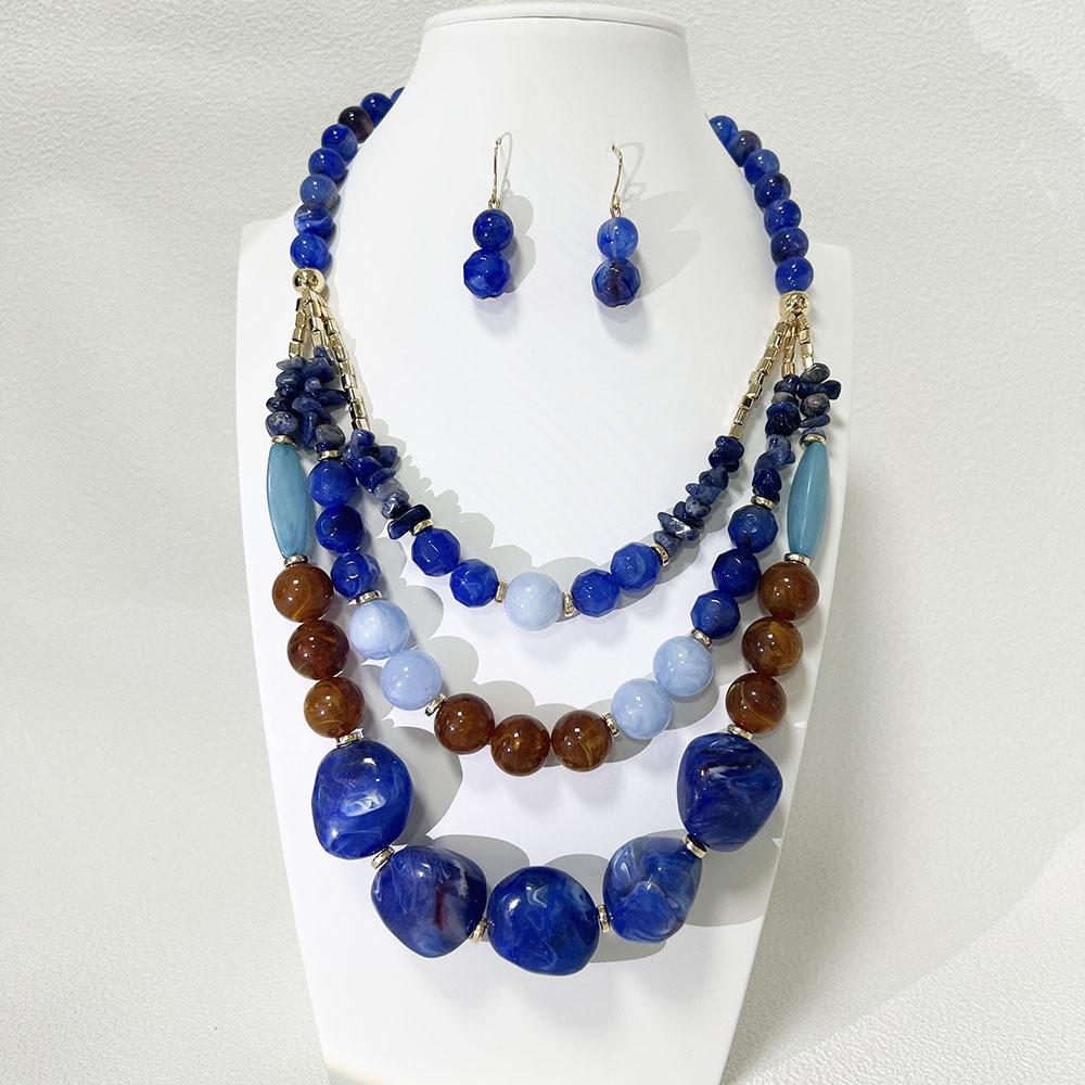 

European and American jewelry fashion beaded multi-layer collarbone chain big brand two-color imitation natural stone earrings necklace set chain