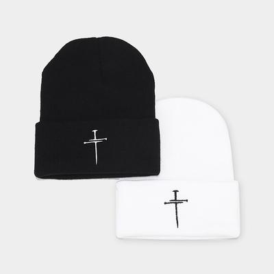 Trendy Brand Literary and Retro Cross Trendy Embroidery Pile Cold Hat Men's and Women's Niche Personalized Knitted Hat