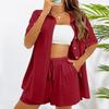 2 Pcs/Set Women Shirt Shorts Set Solid Color Short Sleeves Chest Pocket Lapel Blouse