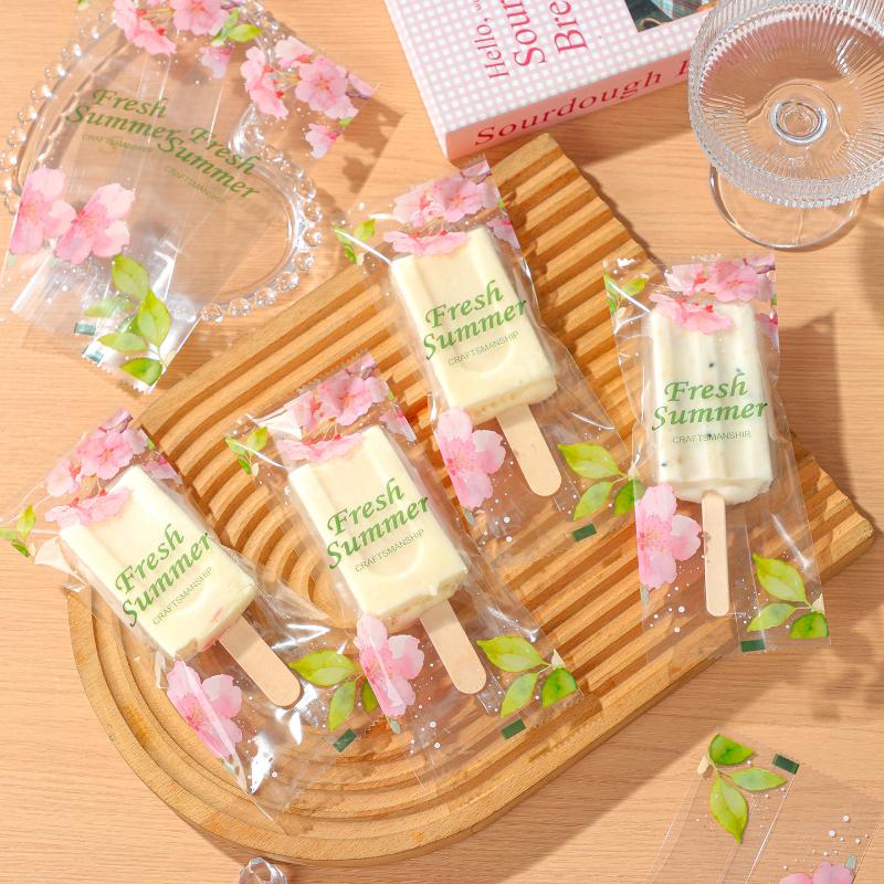 100Pcs Cherry Blossoms Printed Ice Cream Packaging Bag Heat Sealable Popsicle Plastic Wrappers For Homemade Ice Cream Yogurt