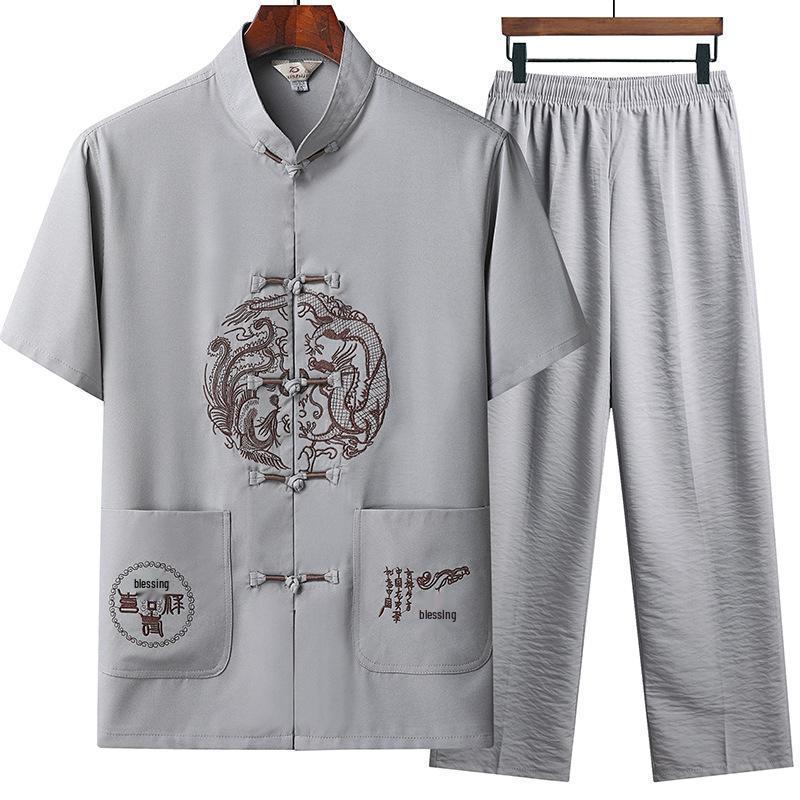 Men's Summer Ice Silk Tang Suit: Thin Retro Hanfu Set with Frog Button Embroidery for Middle-Aged and Elderly.
