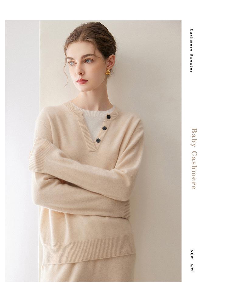 2026 A/W Women's Pure Cashmere Color Block Round Neck Two-Piece Knit Pullover Sweater
