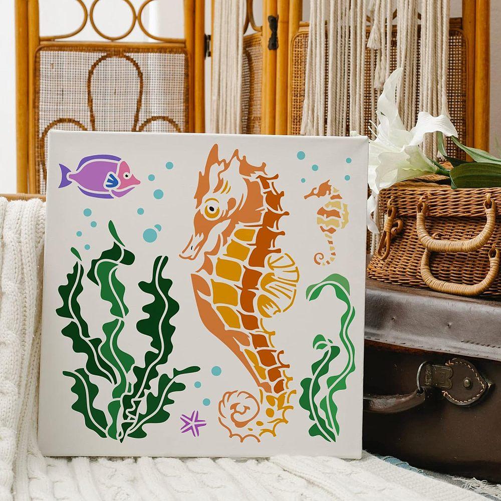 Plastic Reusable Drawing Painting Stencils Templates for Painting On Scrapbook Fabric Tiles Floor Furniture Wood Square Sea Horse Pattern 300x300mm
