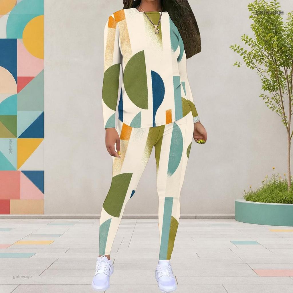 Women Plus Size Two Piece Set Round Neck Long Sleeve Printed Top And Fitted Pants