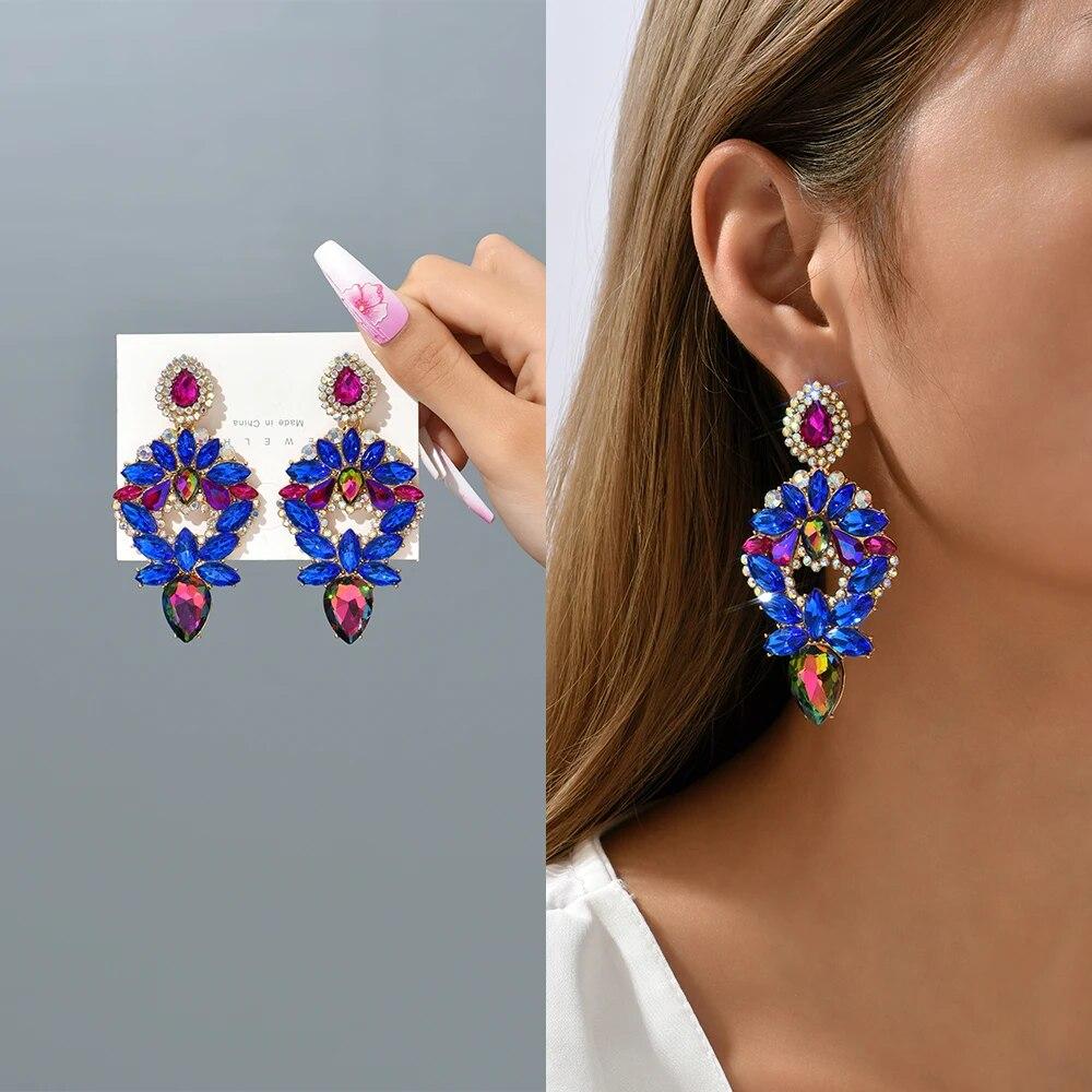 Fashion Teardrop Crystal Glass Decor Big Dangle Drop Earrings Luxury Festival Party Charm Statement Pendant Jewelry Accessories
