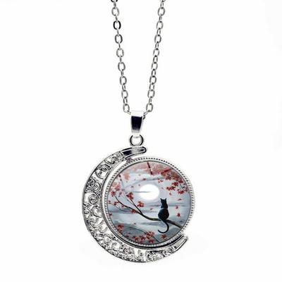 Moon and Cat Pendant Necklace Female Wild Ornaments Rotating Moon Pendant