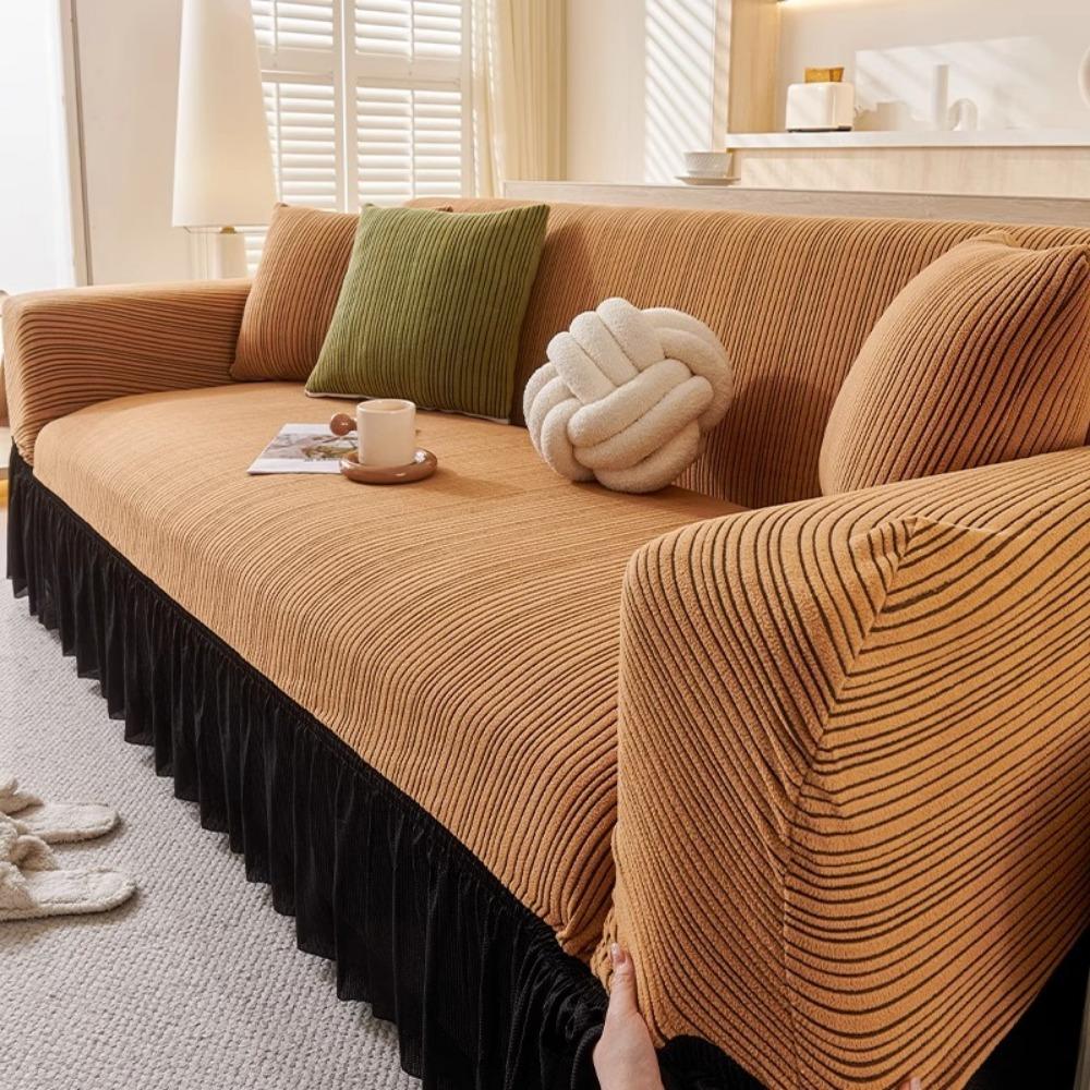 Jacquard Sofa Cover with Skirt Universal Full Coverage Stretch Slip Proof Fabric Couch Dust Protector