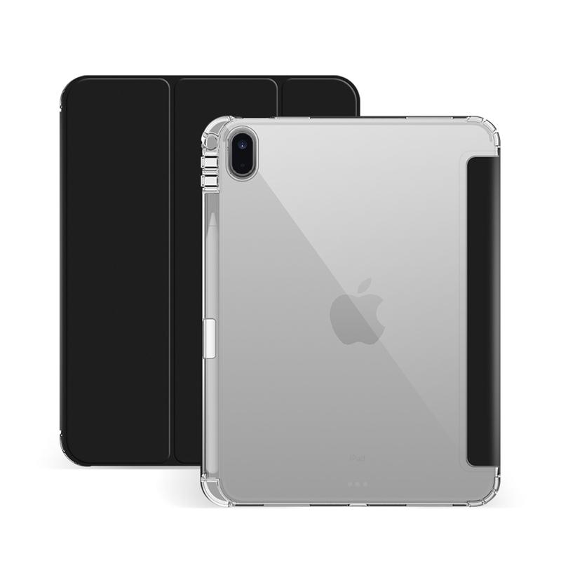 

For iPad (2025)/10.9 (2022) PU Leather Trifold Stand Case Clear Back Cover with Pencil Holder Black