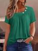 Women New O Neck Button Decoration Pleated T-Shirt Summer Solid Color Short Sleeve Tops Female Comfortable Casual Commuter Tees