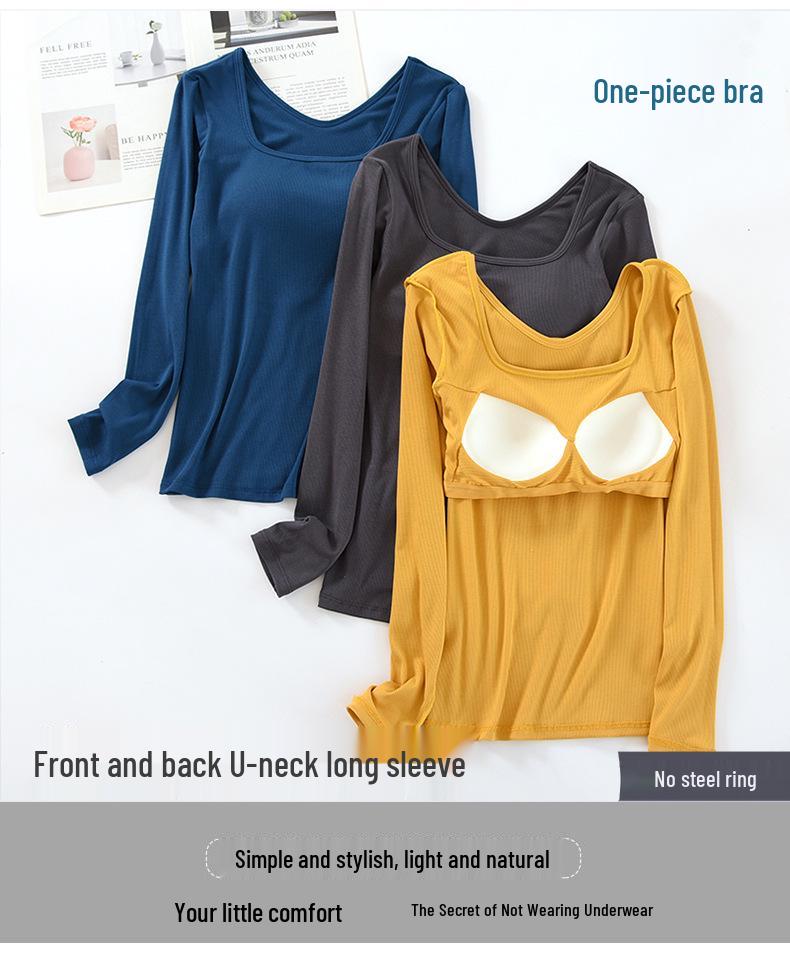Women's Square Neck Long Sleeve Top with Built-in Bra Pads - Slim Fit for Early Autumn/Spring/Winter