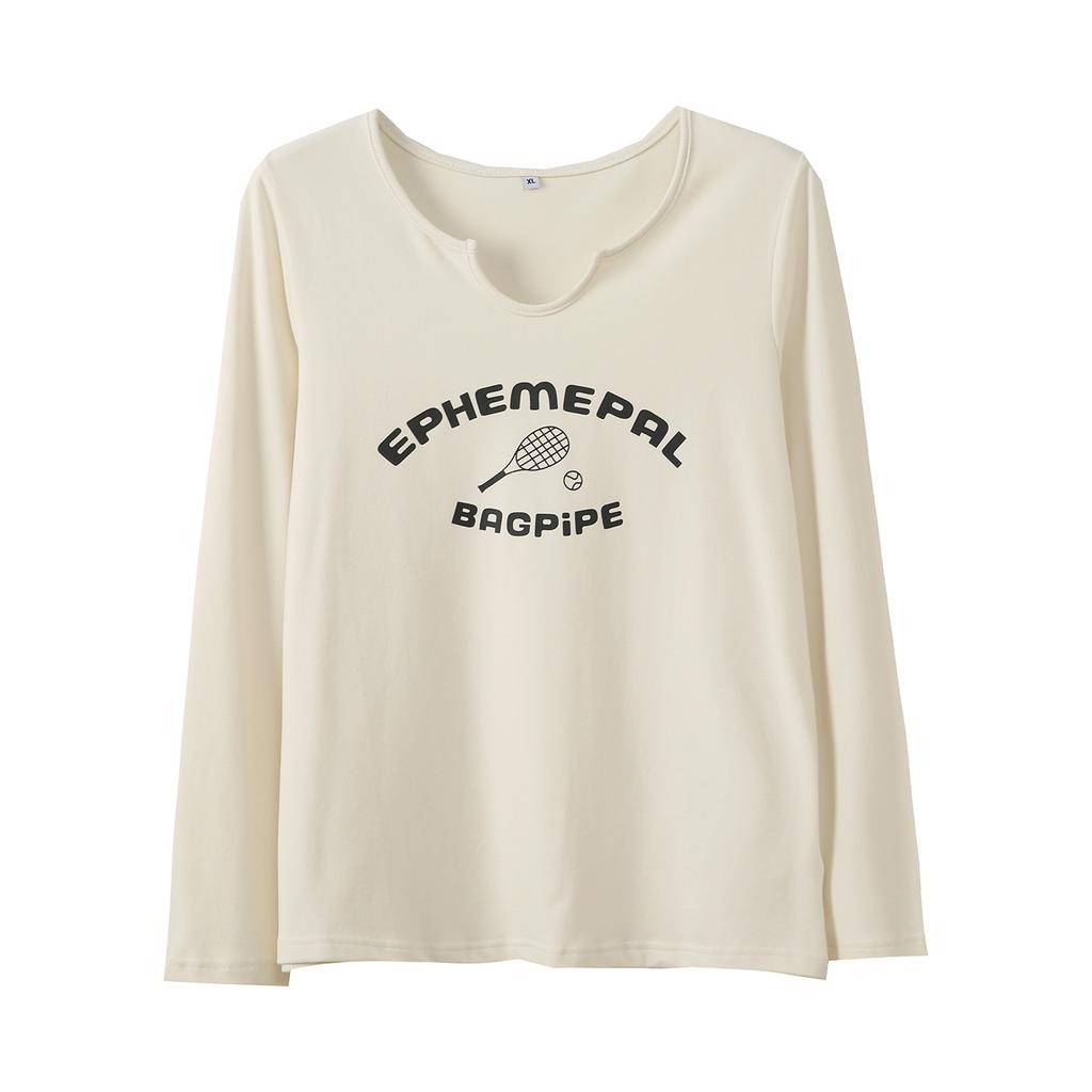 Plus Size Women's Shoulder Letter Print Long-sleeve T-shirt, Autumn New Loose Slimming Top 323110