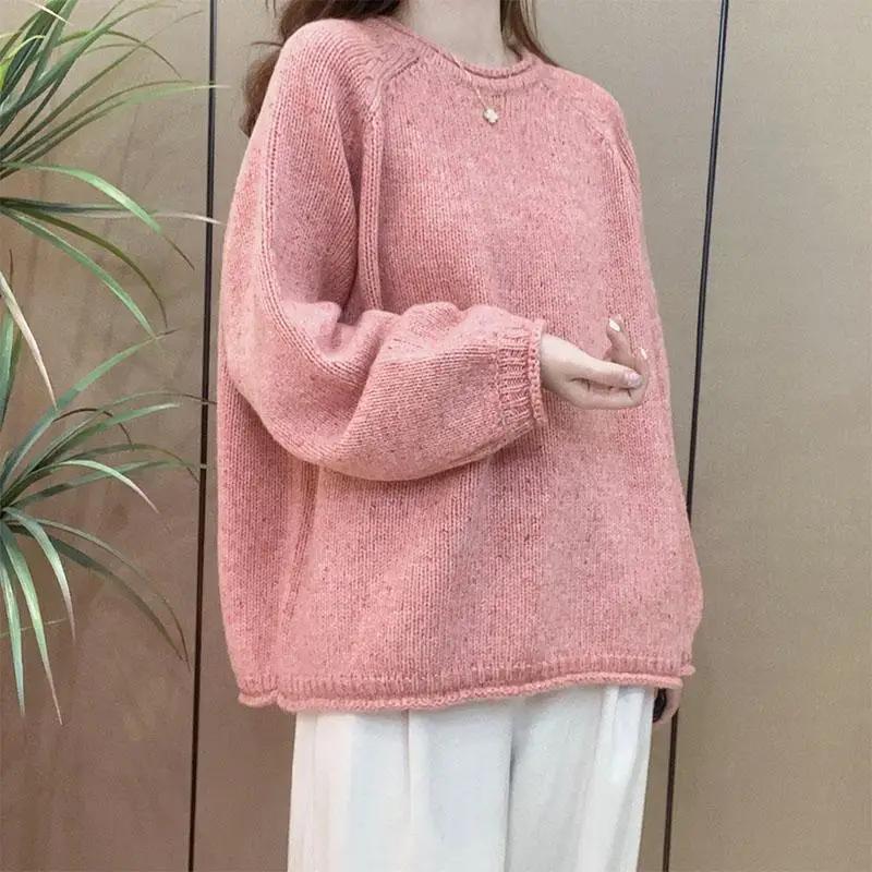 

Solid Color Fashion Casual Long Sleeved Thick All Wool Sweater Women s Korean Version Loose and Lazy Style Versatile L рожевий