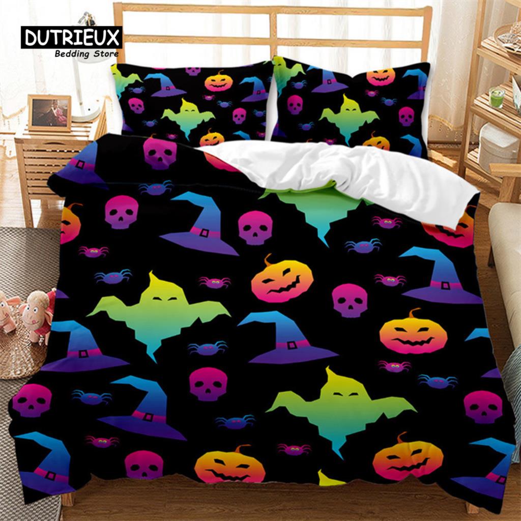 Cartoon Pumpkin Duvet Cover Gothic Halloween Skull Bedding Set Polyester Lantern Ghost Comforter Cover King For Boys Girls Decor