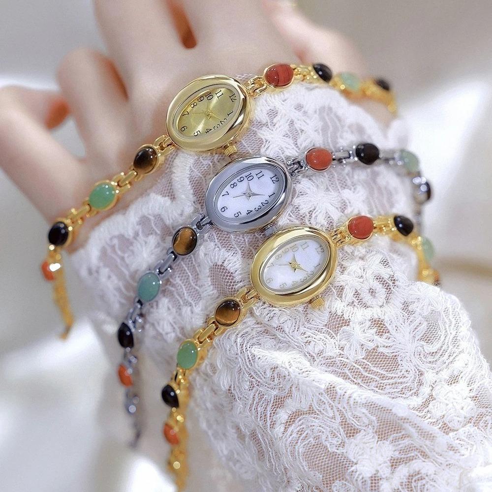 Women's Vintage Colorful Jade Bracelet Wristwatches Clock Oval Dial Quartz Waterproof Watch
