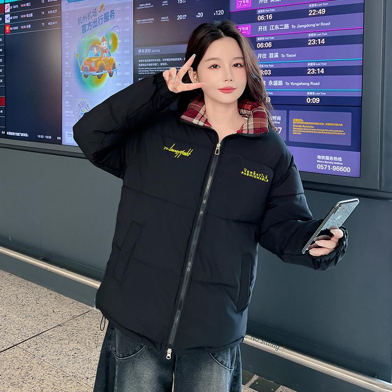 

Winter new cotton-padded clothes stand-up collar versatile plaid splicing thickened wear cotton-padded clothes student cotton-padded jackets M чёрный