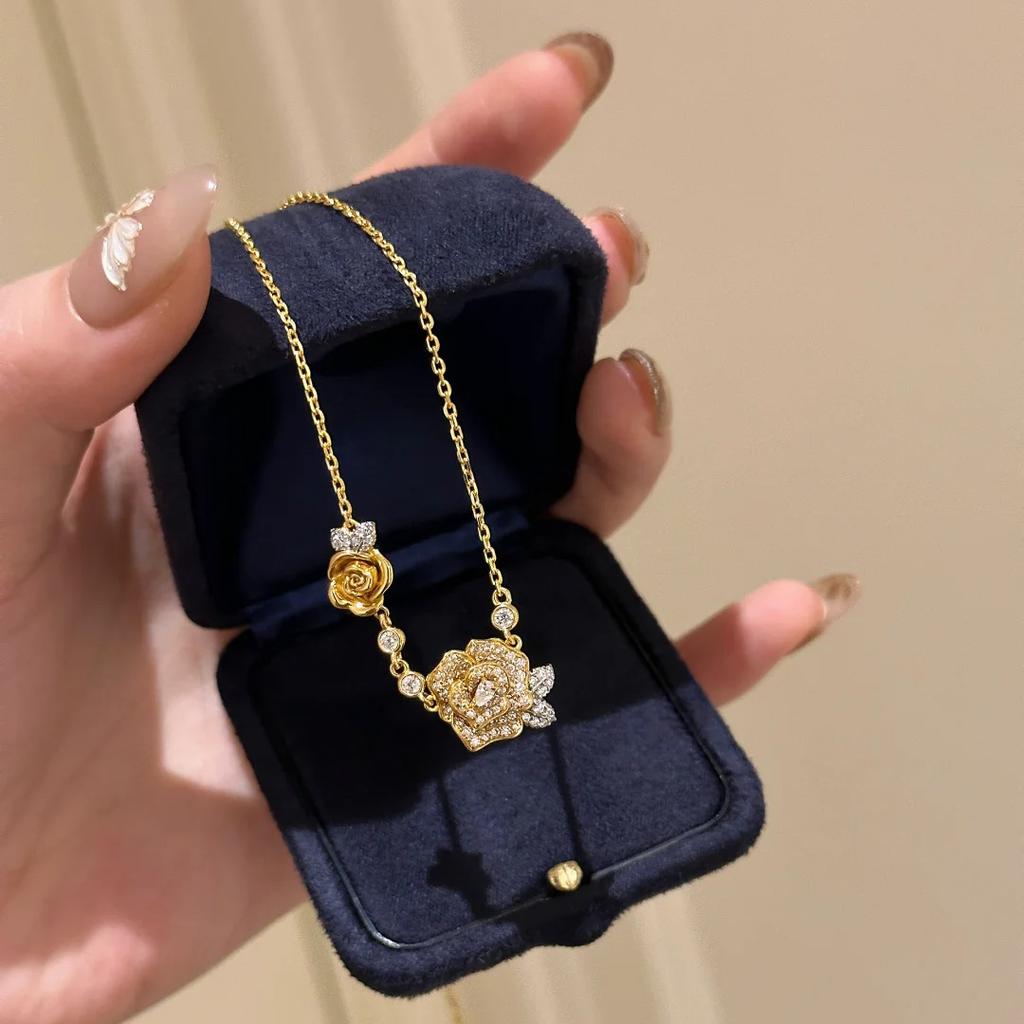 French Retro Gold Color Double Rose Flowers Design Inlaid with Full Zircon Necklaces Bracelets Rings Zircon Sets For Women