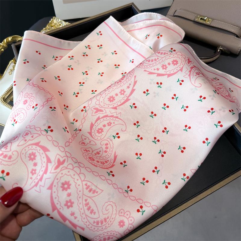 1PCS Purple Scarf Cherry Qimeng Printed Silk Scarf Square Scarf Premium Shawl Sunscreen Neck Small Square Scarf Headscarf