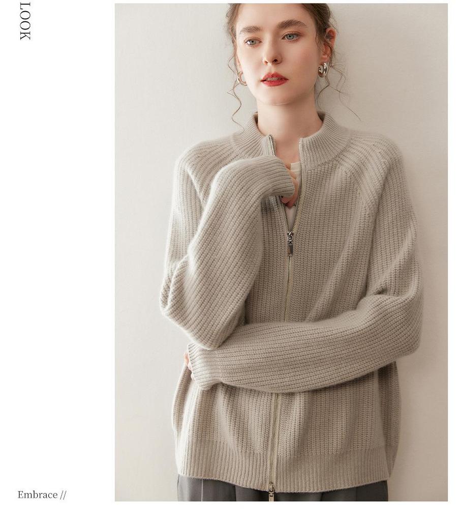 Women's Thick Striped Knit Cashmere Cardigan, Half-High Collar, Long Sleeve, Loose Fit, Slimming Outerwear for Autumn and Winter