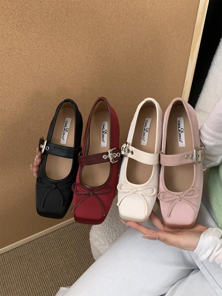 French Retro Satin Square Head Bow Grandma Shoes One-word Buckle with Mary Jane Single Shoes, Sweet Temperament Small Leather Shoes