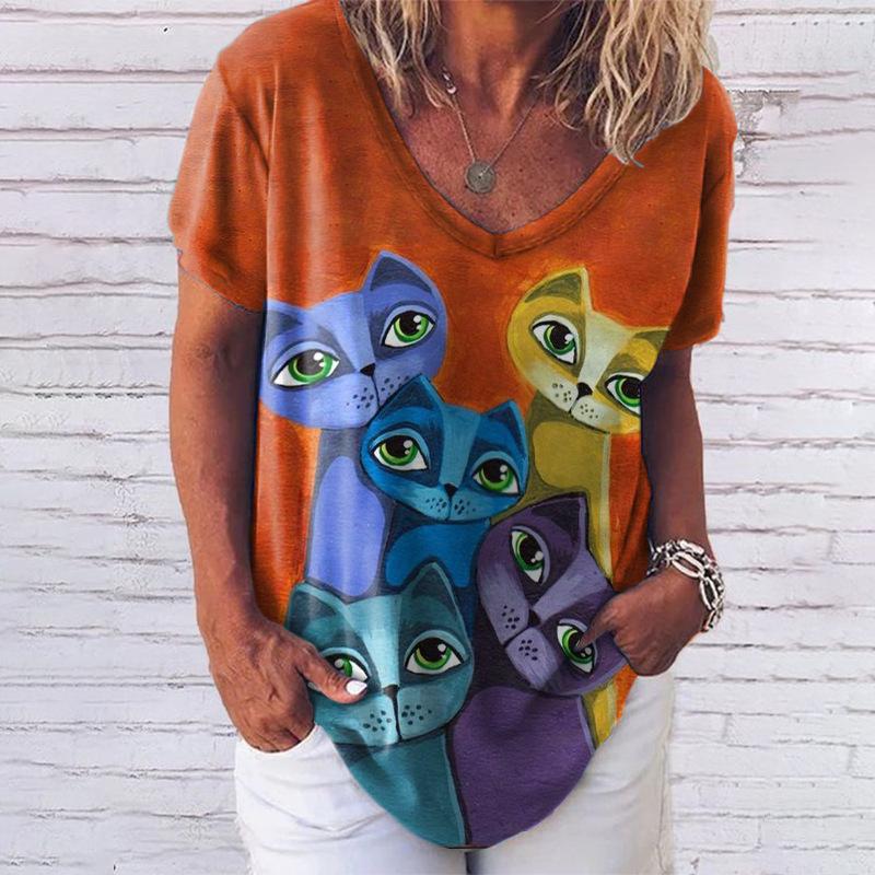 Women's Casual T-shirt Top New V-neck T-shirt Loose Short Sleeved 3D Digital Printed Cat Pattern T-shirt