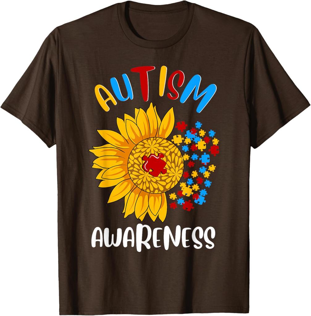 Autism Awareness Sunflower Print Cotton Casual Round Neck Short Sleeve T-Shirt Men Women