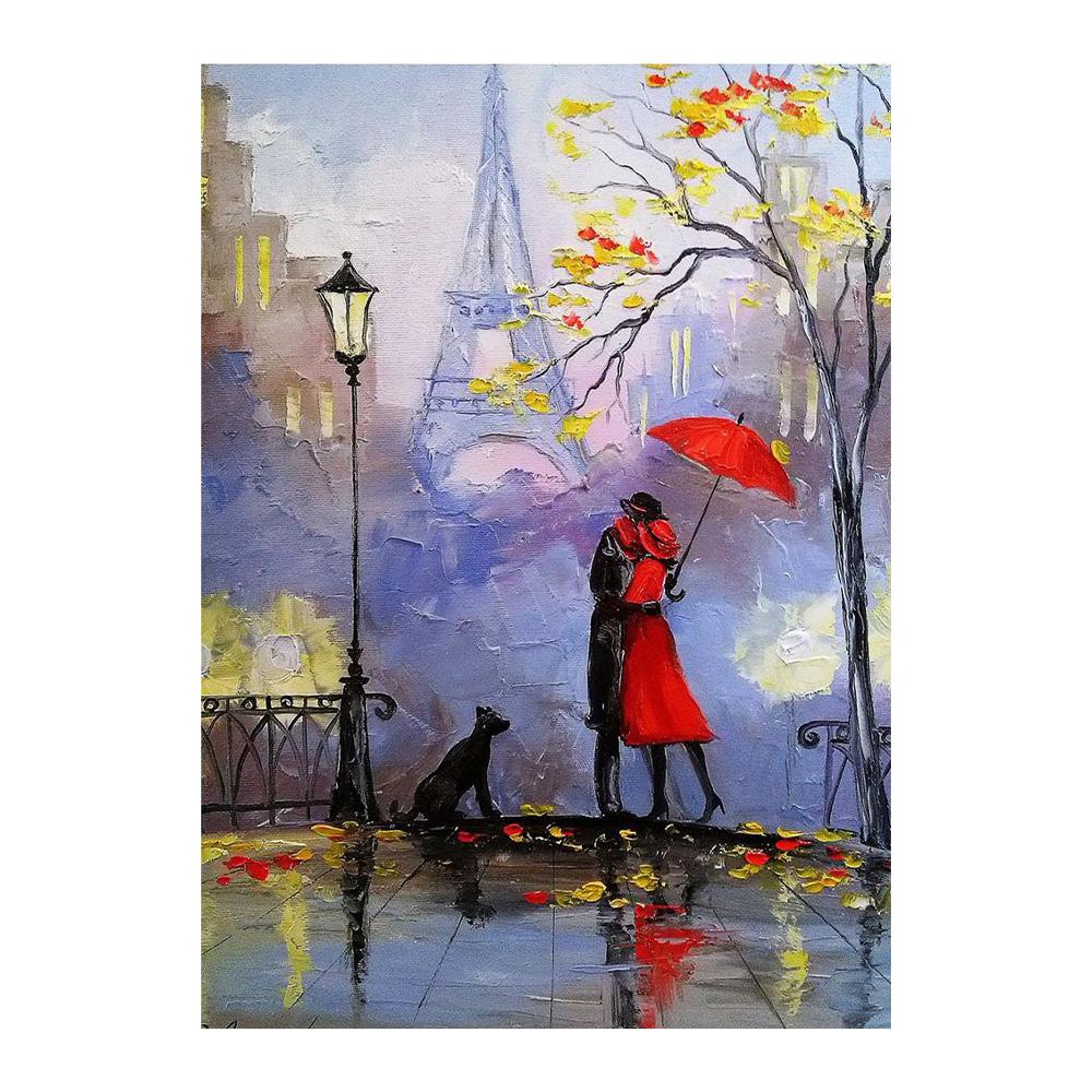 Nordycki Jesienny Deszczowy Pejzaż Plakat Płótno Obraz Olejny Zakochani Spacerujący Obraz Ścienny do Nowoczesnego Salonu Dekoracja Domu