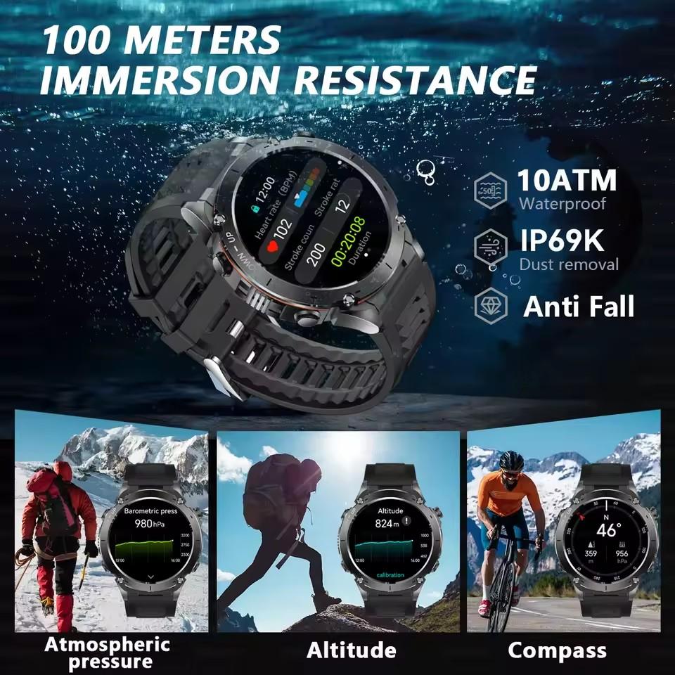 2026 New Men Military Grade Smart Watch GPS 10ATM Waterproof LED Flashlight 730mAh Battery Bluetooth Call Outdoor Sport Fitness Smartwatches