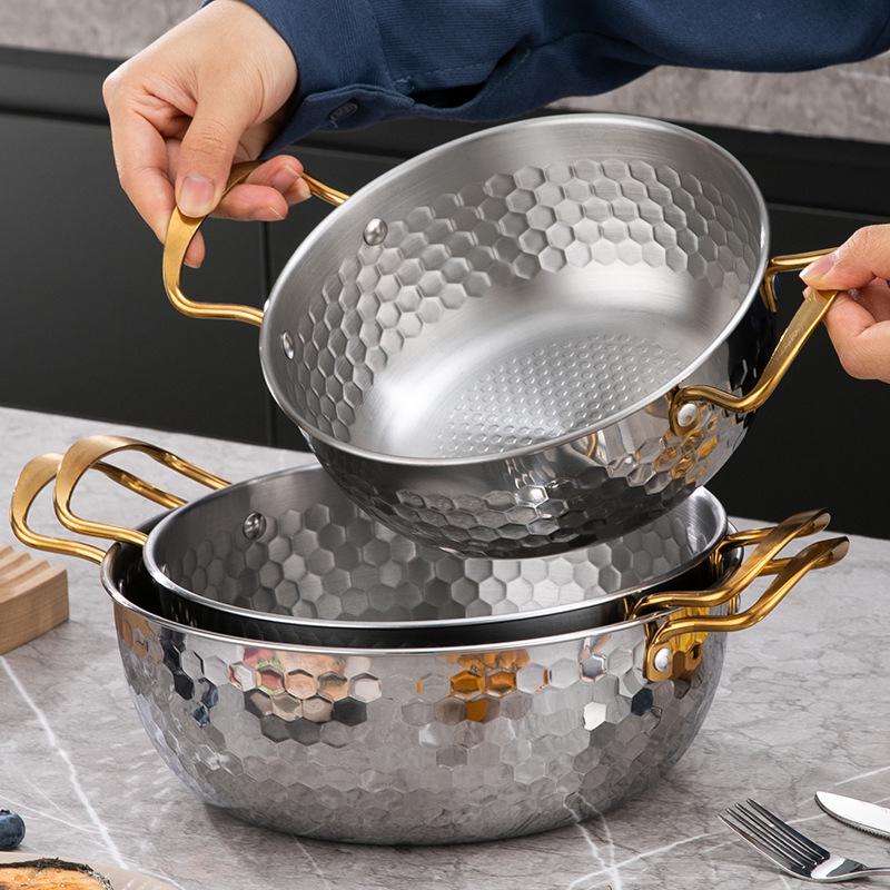 Golden Korean Style Hammered Stainless Steel Ramen Pot with Lid - Small Hot Pot Gift Set