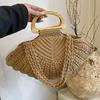 Handmade Shell Shape Shoulder Bag Wooden Handle Design Women Messenger Crossbody Bags Vacation Summer Hollow Out Woven Tote Bag