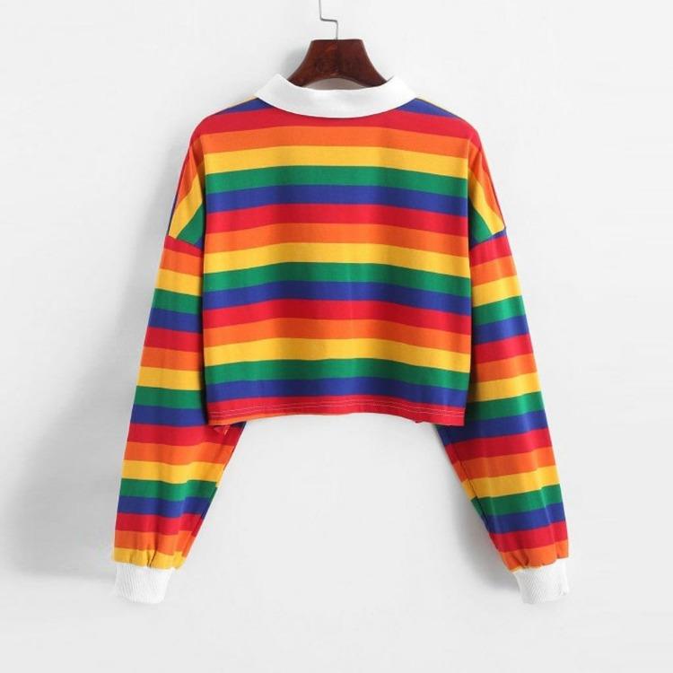 Women's Korean Style Rainbow Striped Polo Hoodie Sweater Long Sleeve