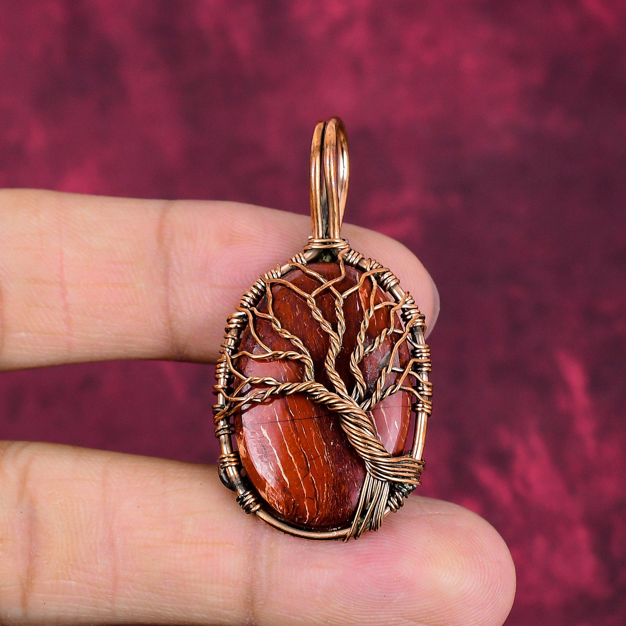 Tree Of Life Red Snakeskin Jasper Pendant Copper Wire Wrapped Gemstone Jewelry