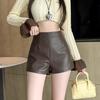 Women's Fall Winter High Waisted Bodycon Coffee PU Leather Shorts K-pop Style Outer Wear Base Straight Leg Pants Mini Shorts