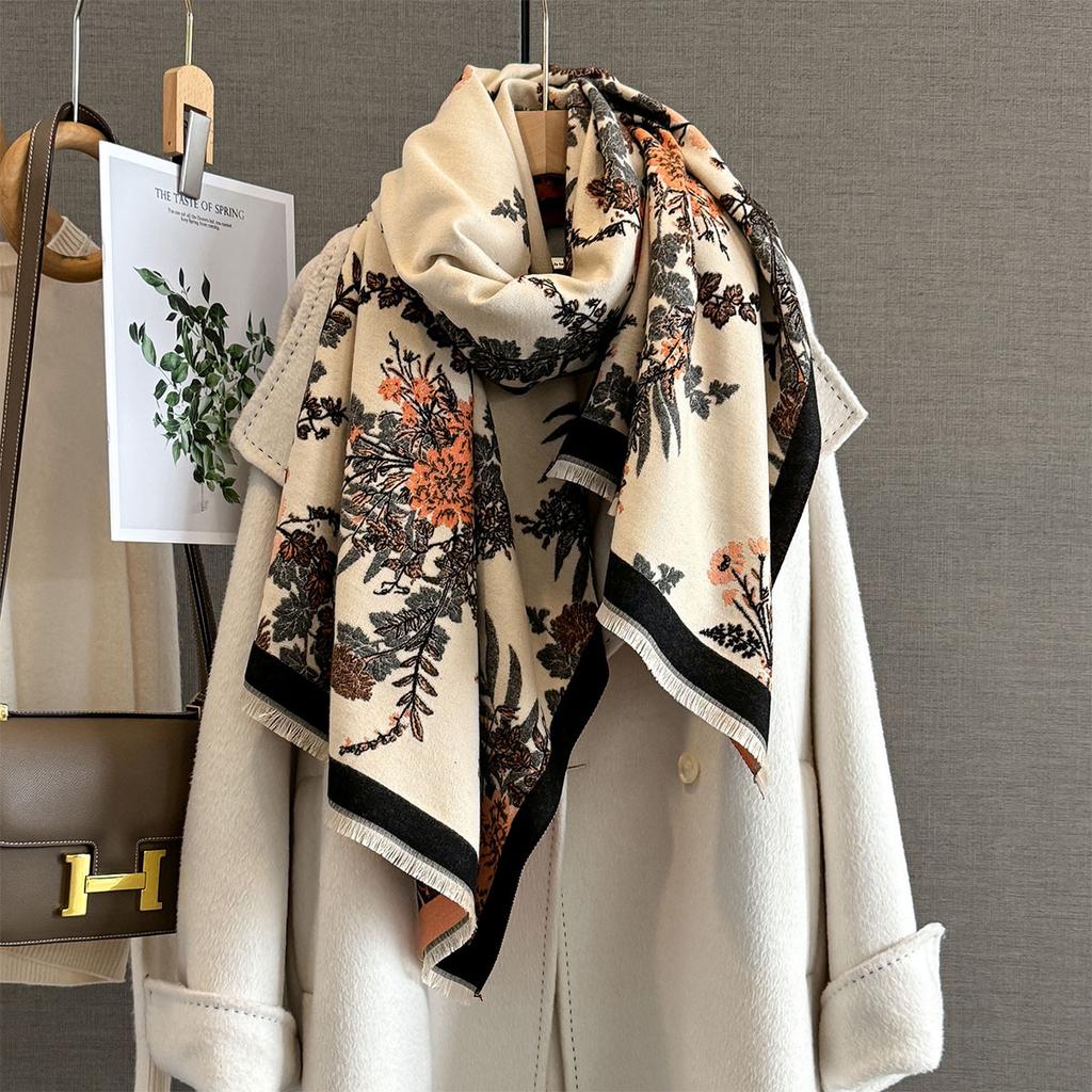 Autumn new retro style plant flower imitation cashmere scarf women's thickened warm medium and long jacquard shawl scarf
