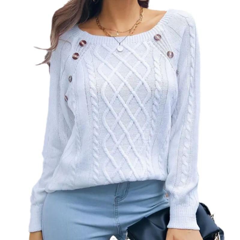 2024 Autumn/Winter Women's Casual Square Neck Button Cable Knit Sweater