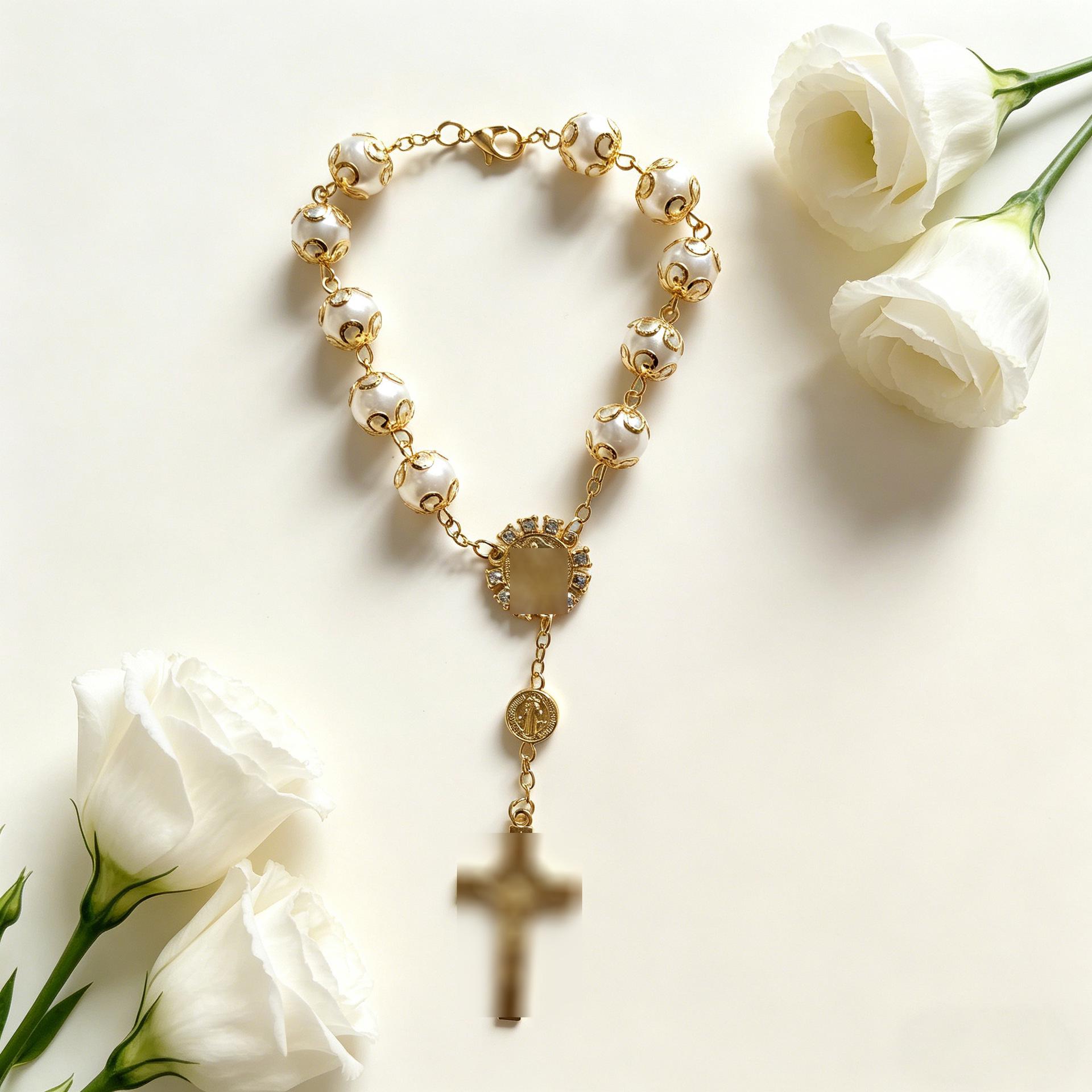 Golden 10mm Glass Imitation Pearl Flower Cross Bracelet Prayer Beads for Men & Women Electroplated