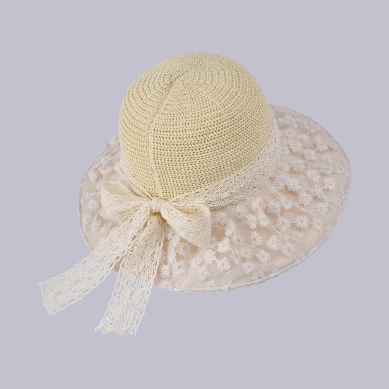 Summer lace streamer bow bucket hat small daisy big brim sun hat outdoor versatile beach sun hat