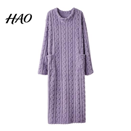 Lyxig Jacquard Loungewear Damflanell Nattlinne Fluffigt Plysch Varm Rundhalsad Lång Sovkläder Lös Vintertröja Nattlinne med Fickor