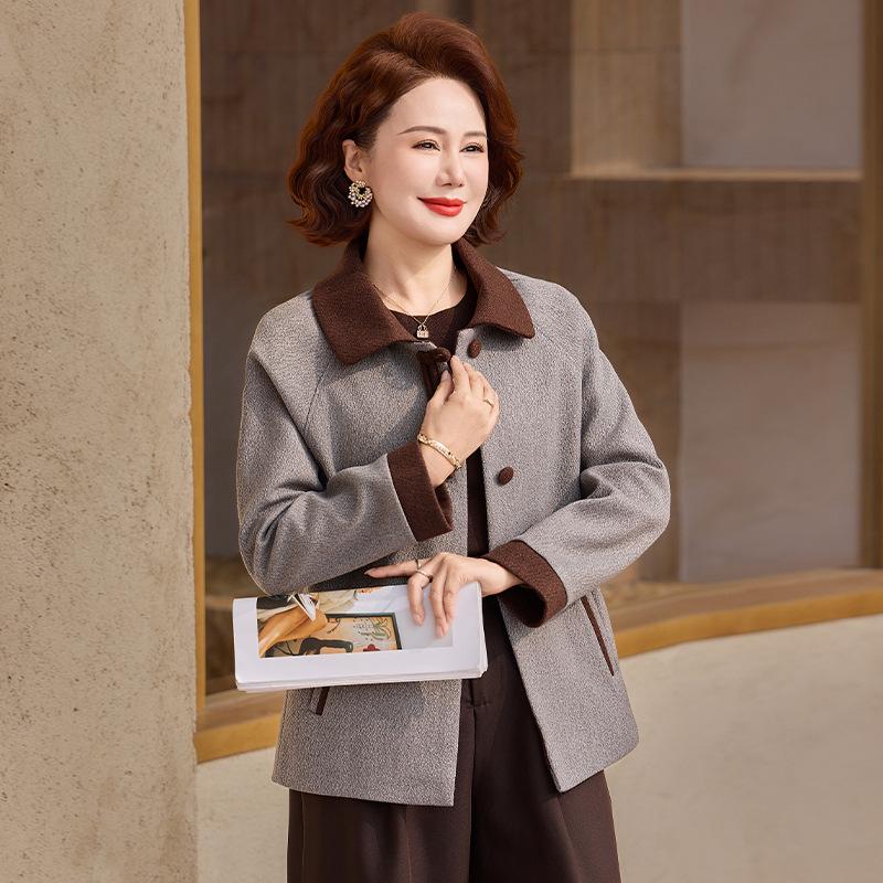 

Spring Color Block Double-Sided Wool Coat - Casual Lapel Cardigan for Middle-Aged and Elderly Women 4XL (140-155 lbs) серый