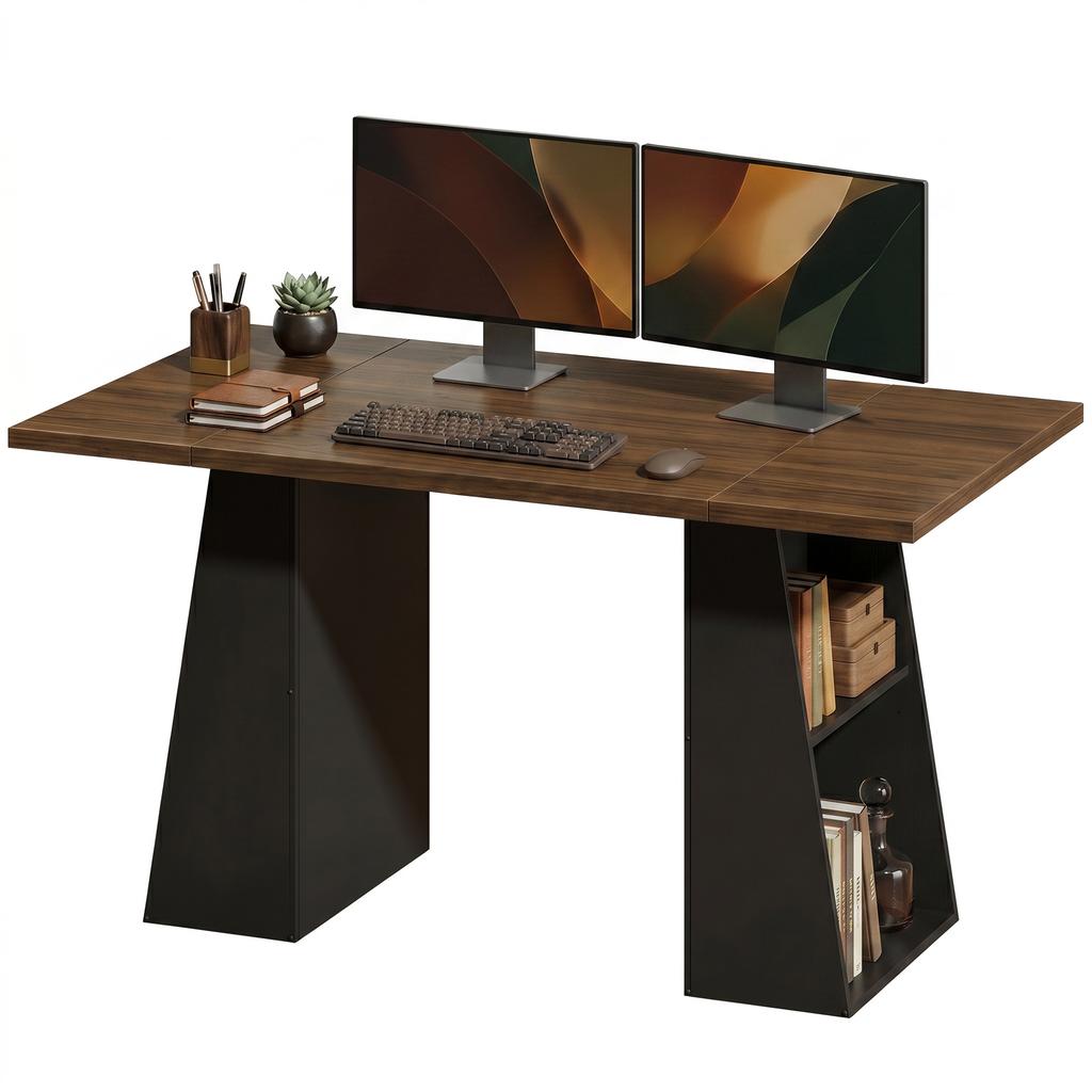 Desk with 4 Open Shelves, Industrial Design, 140 Cm, Brown-Black