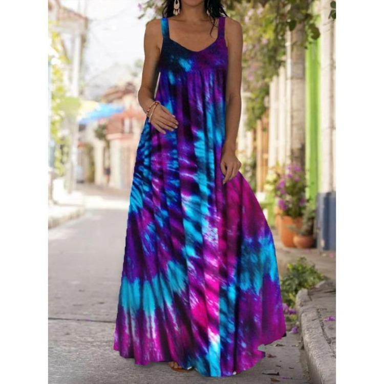 Boho Casual Loose Sleeveless V Neck Swing Long Dress Women Plus Size Fashion Printing Summer Beach Off-the-shoulder Dress