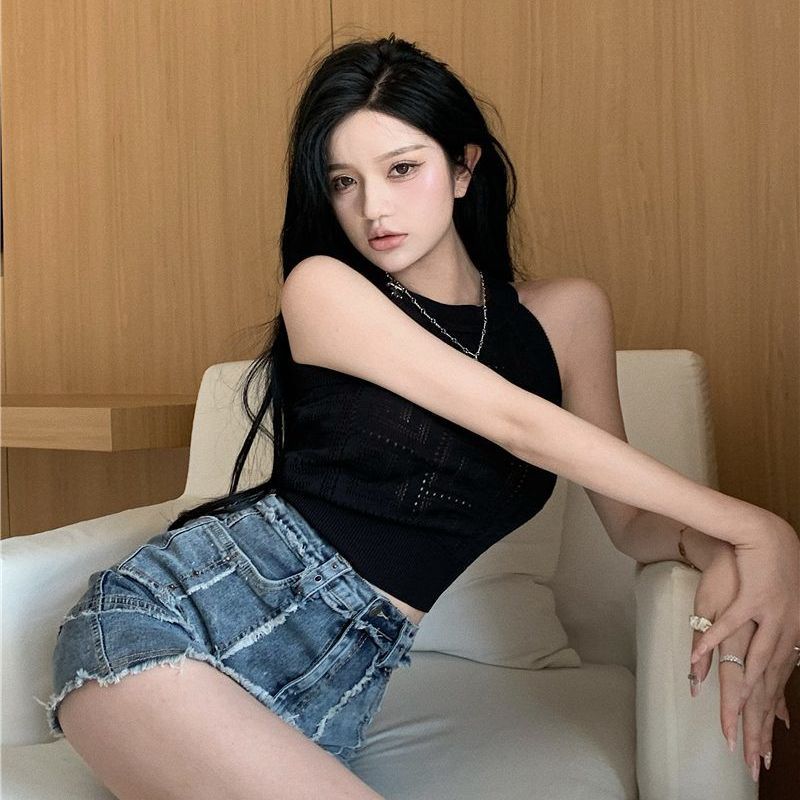 Halter Camisole Tank Top Women's Knitted Inner Wear Summer Elegant Sexy Hollow-out Slim Fit Versatile Short Top