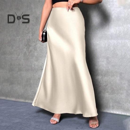 Women Fishtail Skirt High Waist Solid Color Smooth Surface A-Line Maxi Skirt Work Leisure Daily Wear