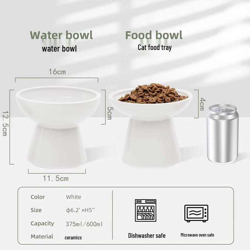 High-Legged Ceramic Cat Bowl for Neck Protection and Anti-Black Chin