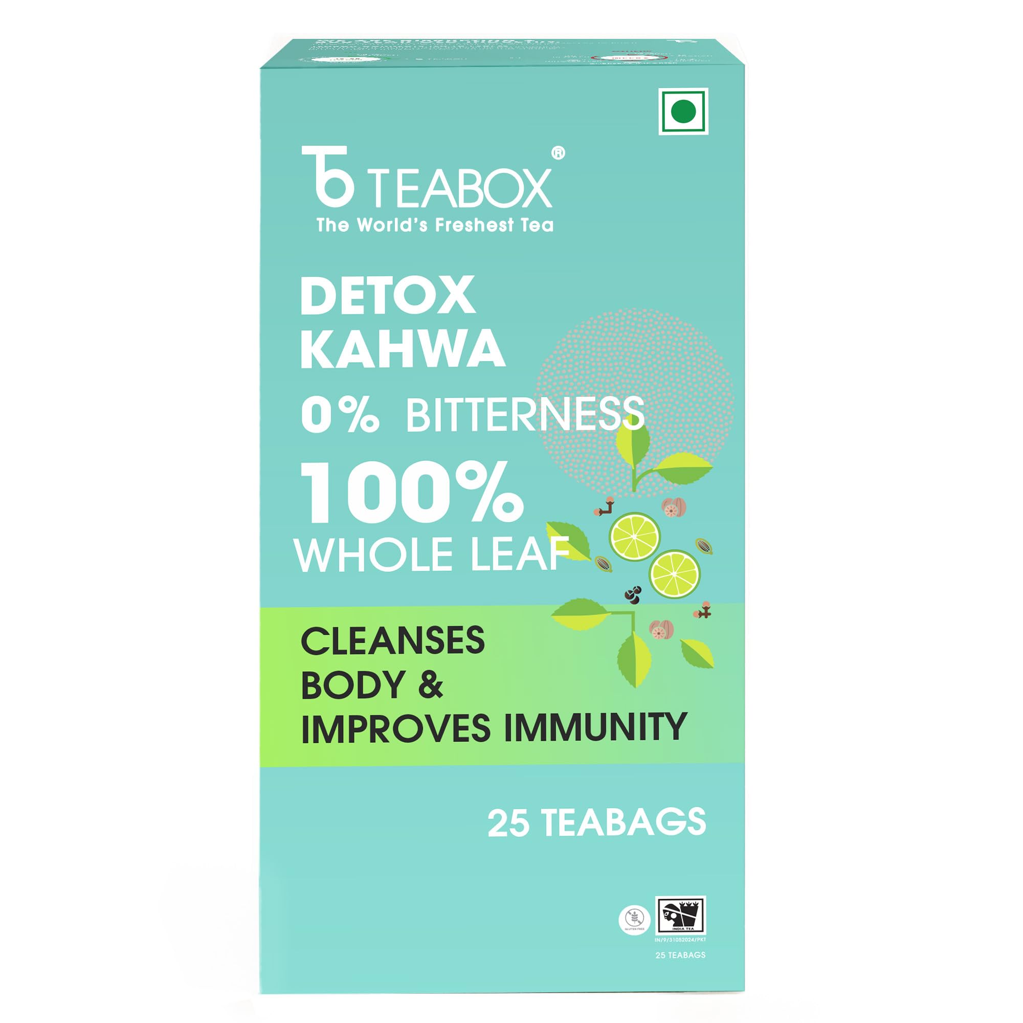 Чайный набор Teabox Detox Kahwa Травяной чай | 25 биоразлагаемых чайных пакетиков | 8 натуральных ингредиентов | Поддерживает детоксикацию организма и здоровое пищеварение | 0% горечи | Кофеин