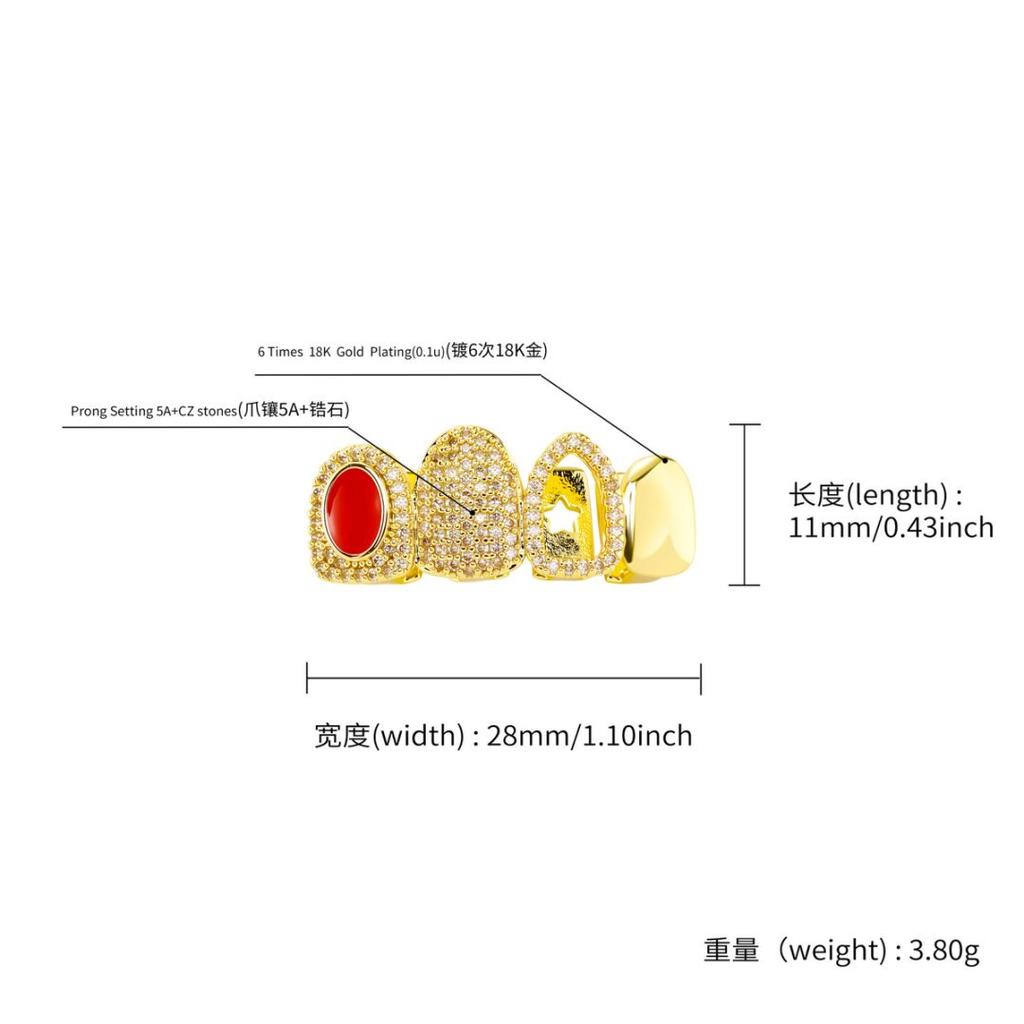 Hot Selling Hip-hop Red with 4 Teeth sharp Teeth Vampire Personality Electroplated Brass Zircon Gold Grills Party Gifts