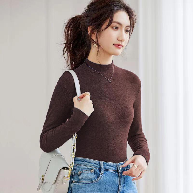 Women's Slimming Long-Sleeve German Velvet T-shirt, Solid Color, Versatile Autumn/Winter Fashion Top with Half-High Collar