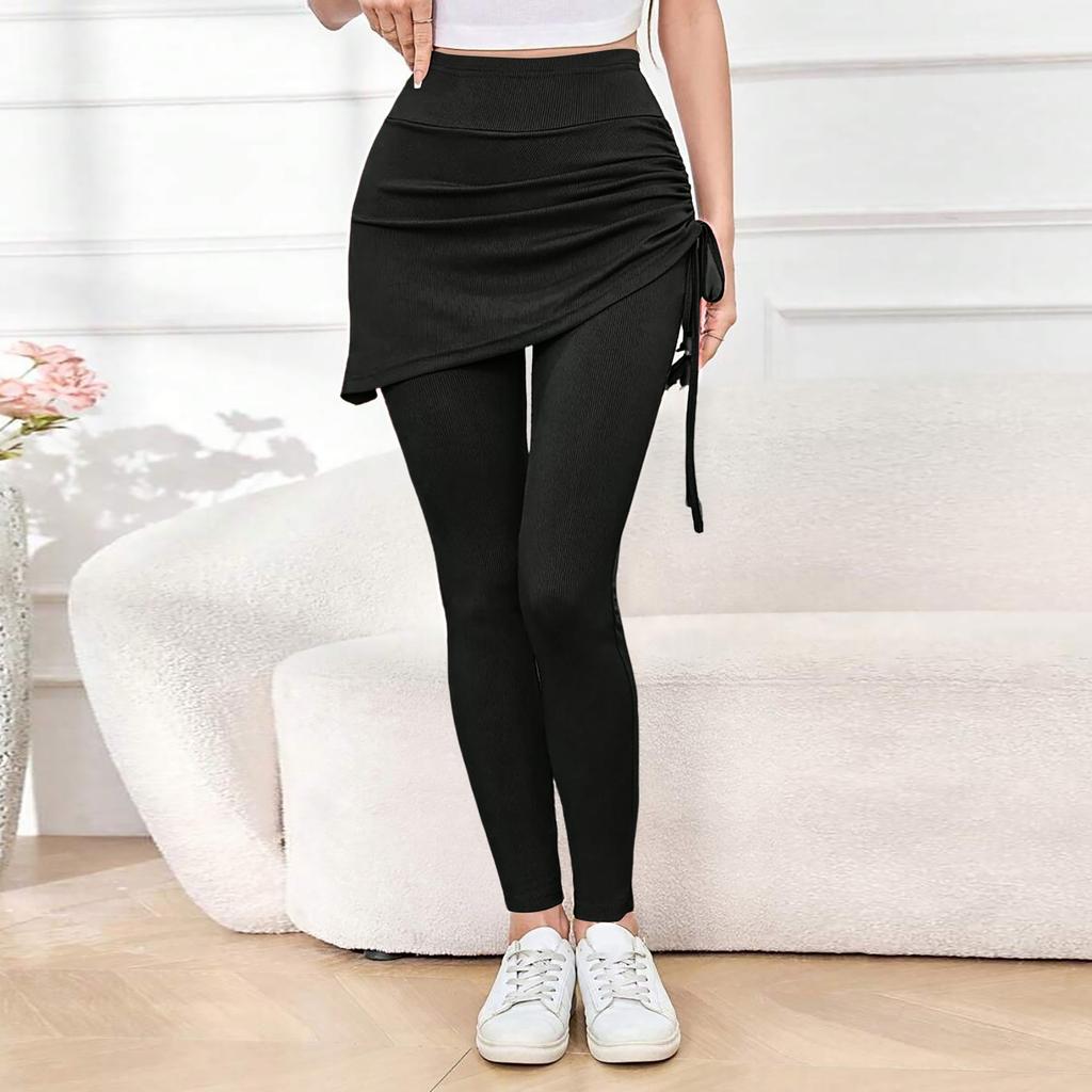 High Waist Yoga Leggings for Women with Faux Two Piece Design Tummy Control Stretchy Workout Pants with Drawstring Skirt Overlay